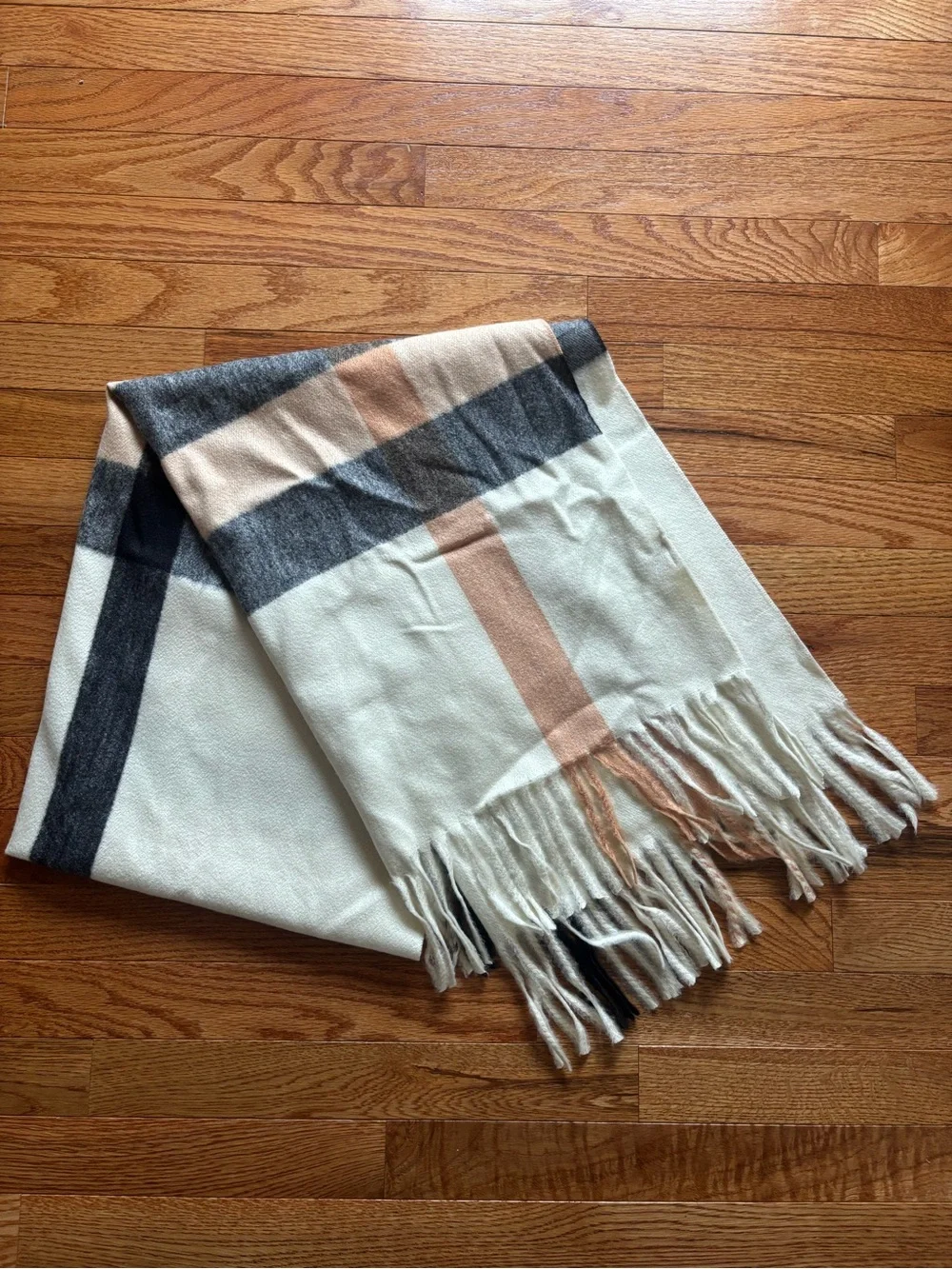 Cream Plaid Fringe Scarf - Women Accessories